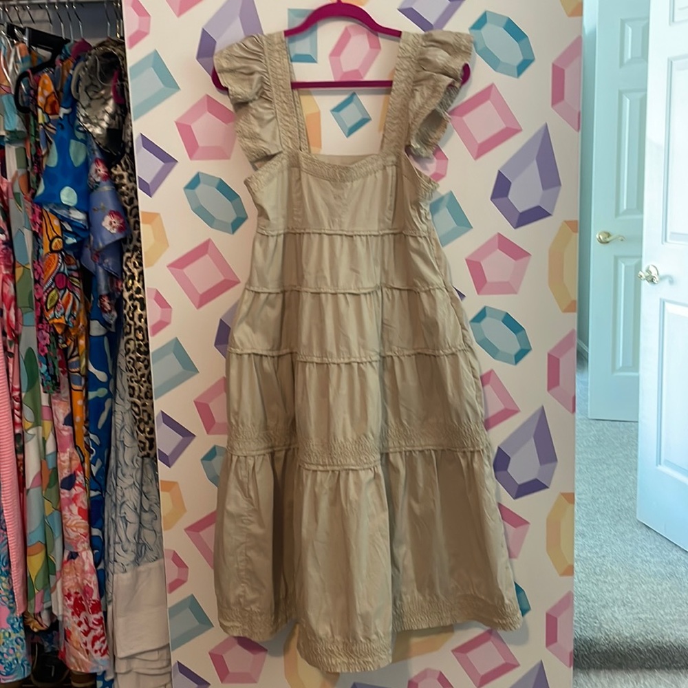 Karlie Ruffle Sleeve Tiered Midi Dress Khaki Tan Medium